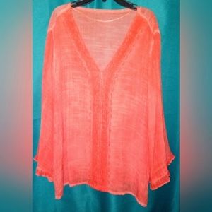 Bohemian sheer coral tunic w/ lace accents, flutter bell sleeves, sz XL